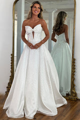 Sweetheart All-Over Rhinestone Beading Bow Cutout Corset Satin A-Line Prom Dress Open Back Chapel Train