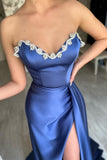 Sweetheart Blue Beaded neck High split Prom Dress with Court Train
