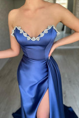 Sweetheart Blue Beaded neck High split Prom Evening Dresses with Court Train