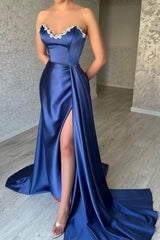 Sweetheart Blue Beaded neck High split Prom Evening Dresses with Court Train