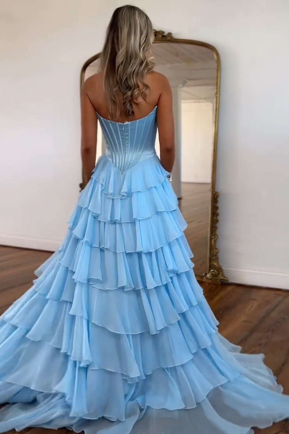 Sweetheart Blue Chiffon Corset Prom Dress with Ruffled A-Line and Long Slit