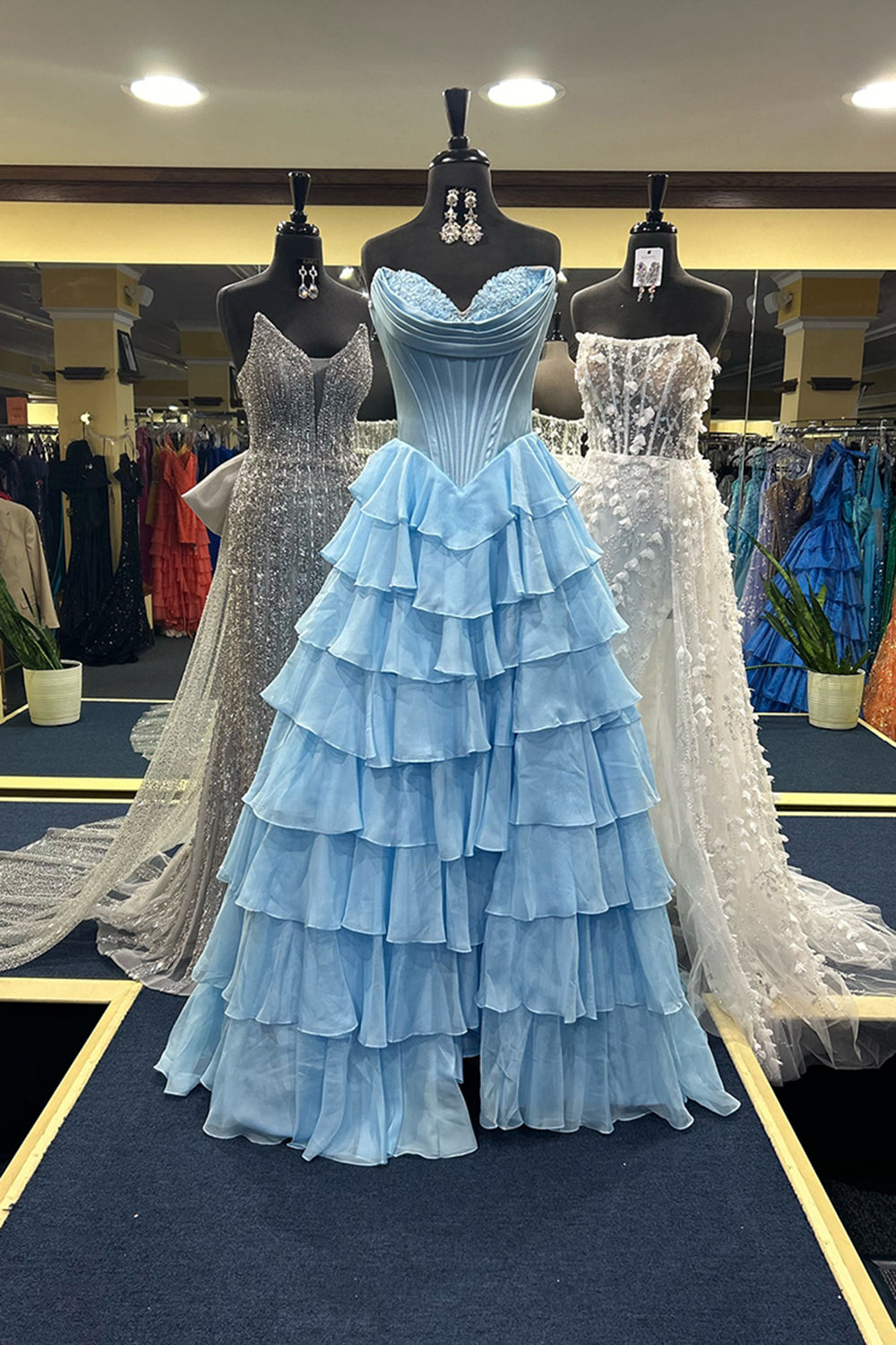 Sweetheart Blue Chiffon Corset Prom Dress with Ruffled A-Line and Long Slit