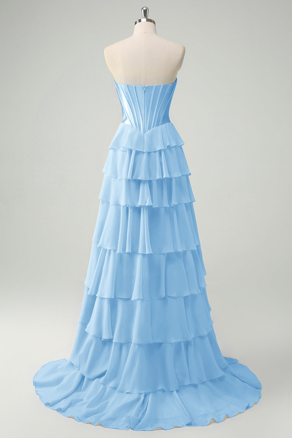 Sweetheart Blue Chiffon Corset Prom Dress with Ruffled A-Line and Long Slit