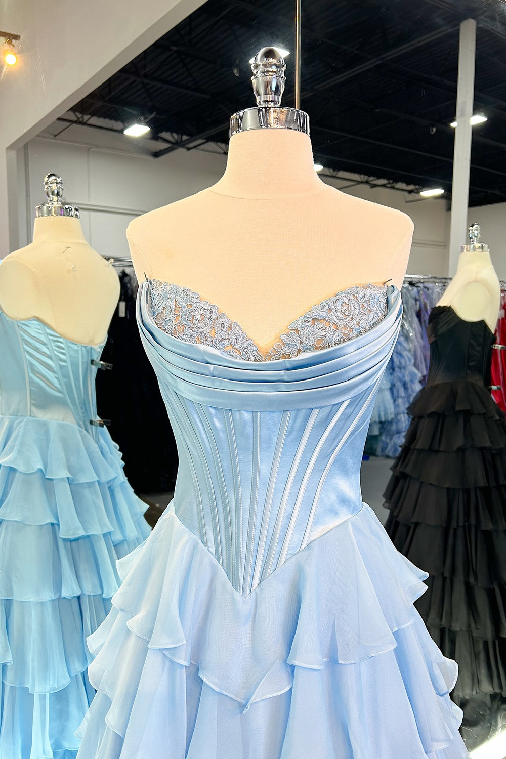 Sweetheart Blue Chiffon Corset Prom Dress with Ruffled A-Line and Long Slit