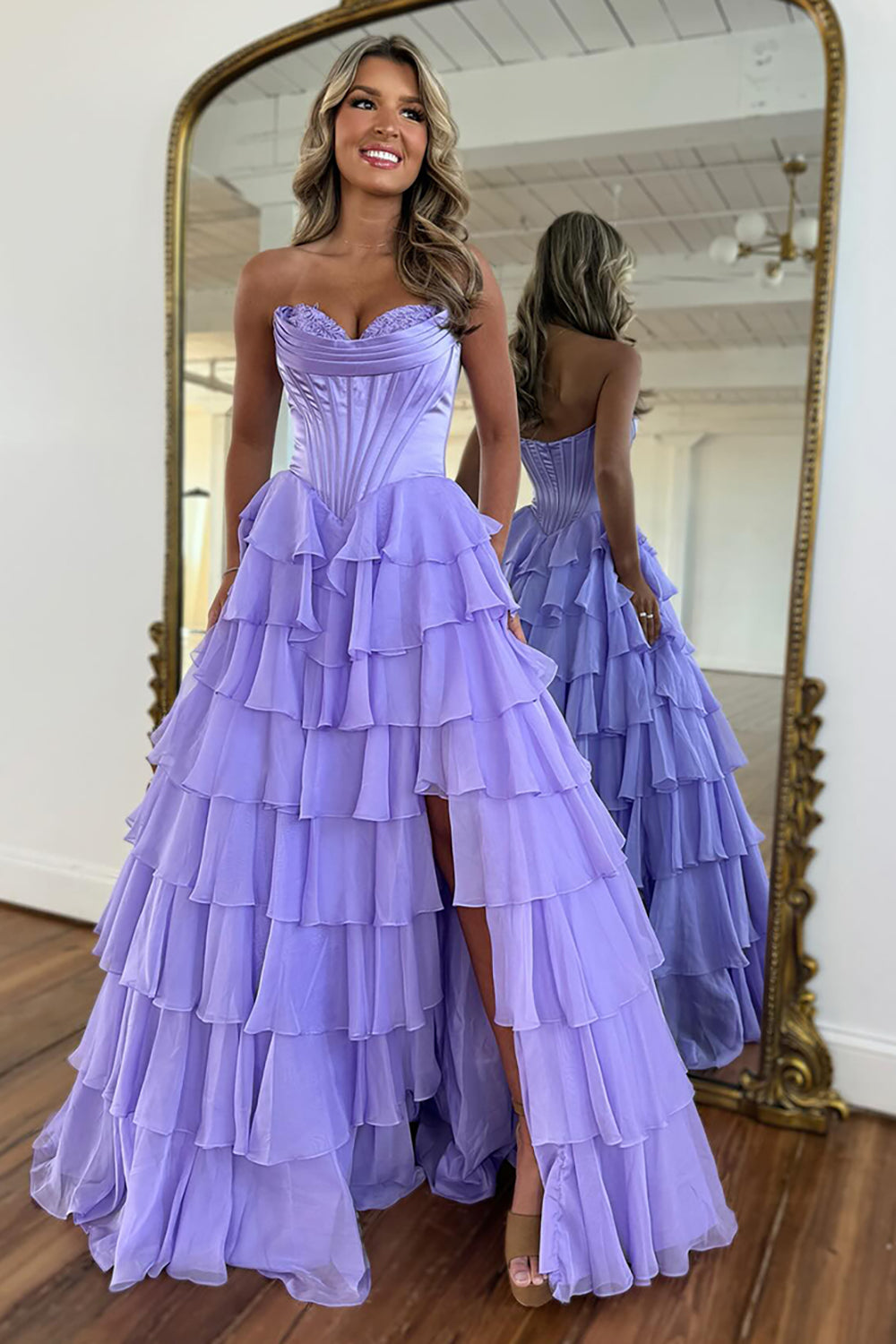 Sweetheart Blue Chiffon Corset Prom Dress with Ruffled A-Line and Long Slit