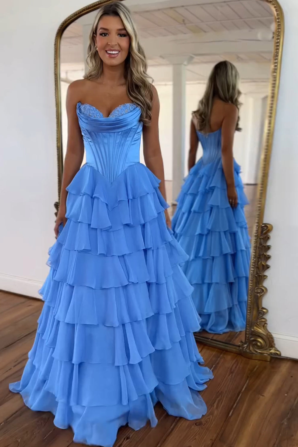 Sweetheart Blue Chiffon Corset Prom Dress with Ruffled A-Line and Long Slit