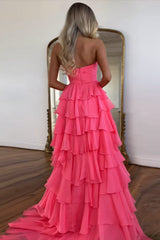 Sweetheart Coral Chiffon Long A-Line Prom Dress Featuring Ruffles and a Slit