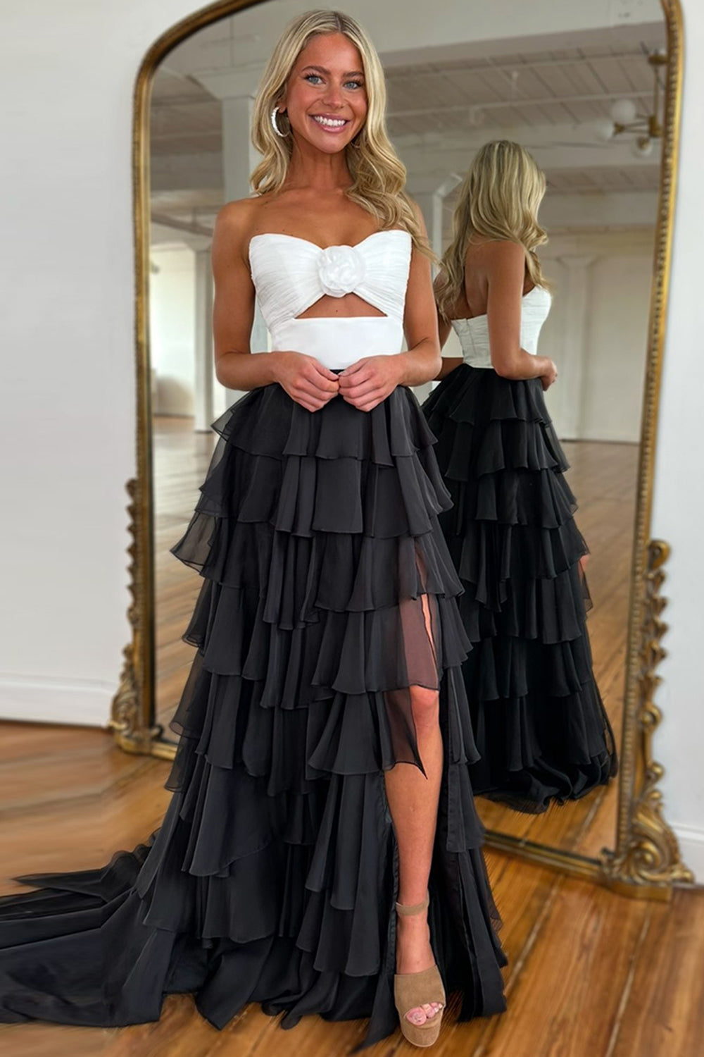 Sweetheart Coral Chiffon Long A-Line Prom Dress Featuring Ruffles and A Slit Sweetheart Coral Chiffon Long A-Line Prom Dress Featuring Ruffles and A Slit