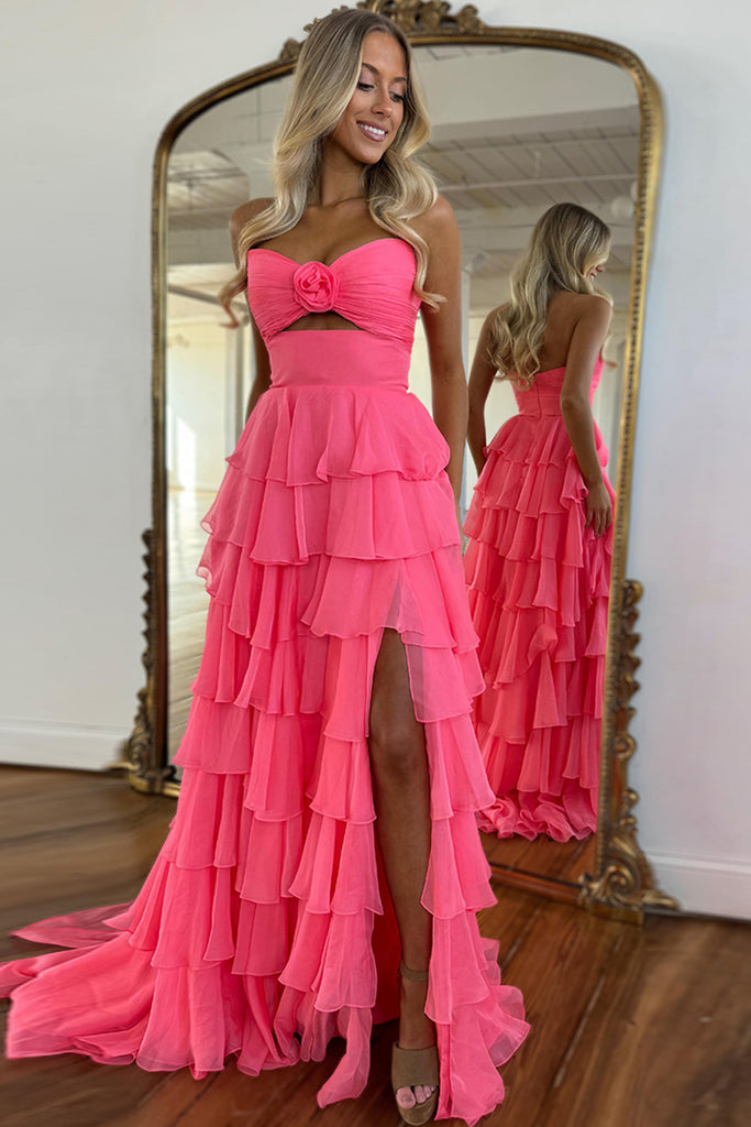 coral chiffon long dress Strapless Coral Chiffon A-Line Gown 49536