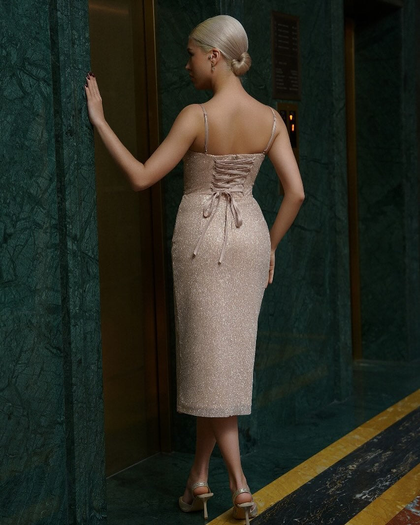 Sweetheart Detachable Tulle Choker Long Sleeve Sequined Bodycon Midi Party Dress