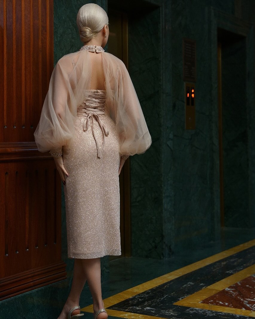 Sweetheart Detachable Tulle Choker Long Sleeve Sequined Bodycon Midi Party Dress
