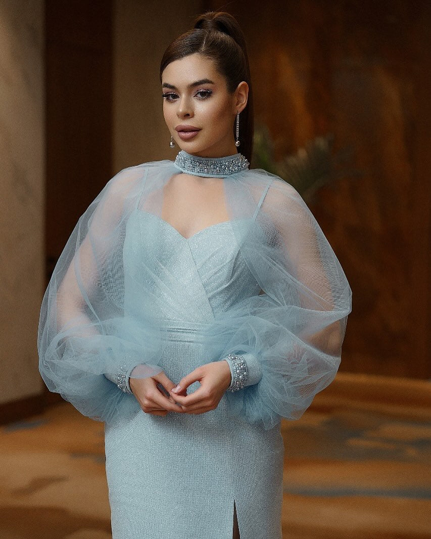 Sweetheart Detachable Tulle Choker Long Sleeve Sequined Bodycon Midi Party Dress