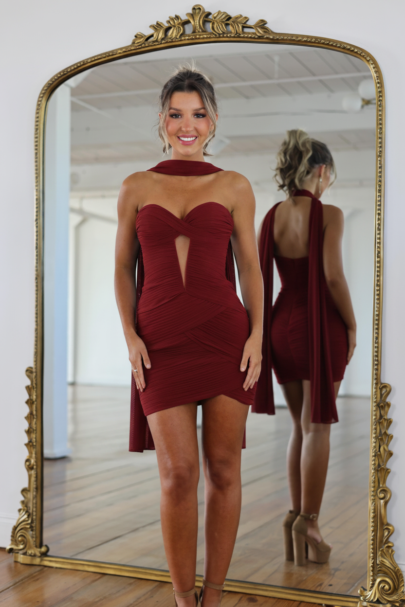 Sweetheart Halter Scarf Ruched Bodycon Keyhole Cutout Open Back Asymmetric Homecoming Dress Mini