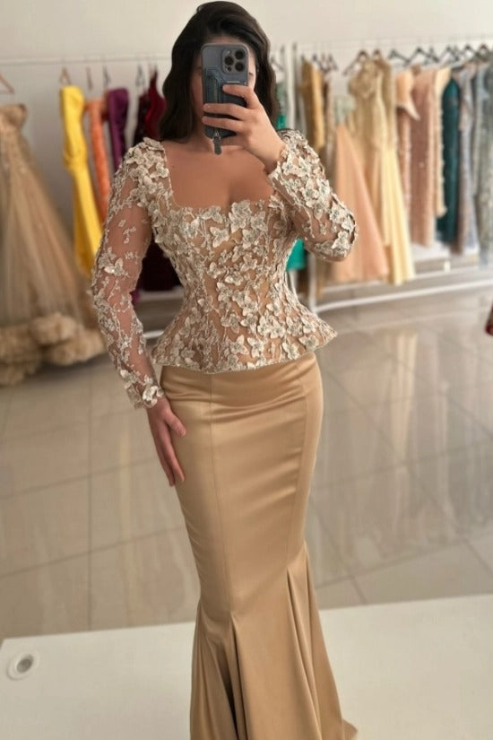 Sweetheart Illusion Long Sleeve Dense 3D Floral Leaf Crystal Peplum Corset Champagne Satin Mermaid Evening Dress Front Slit
