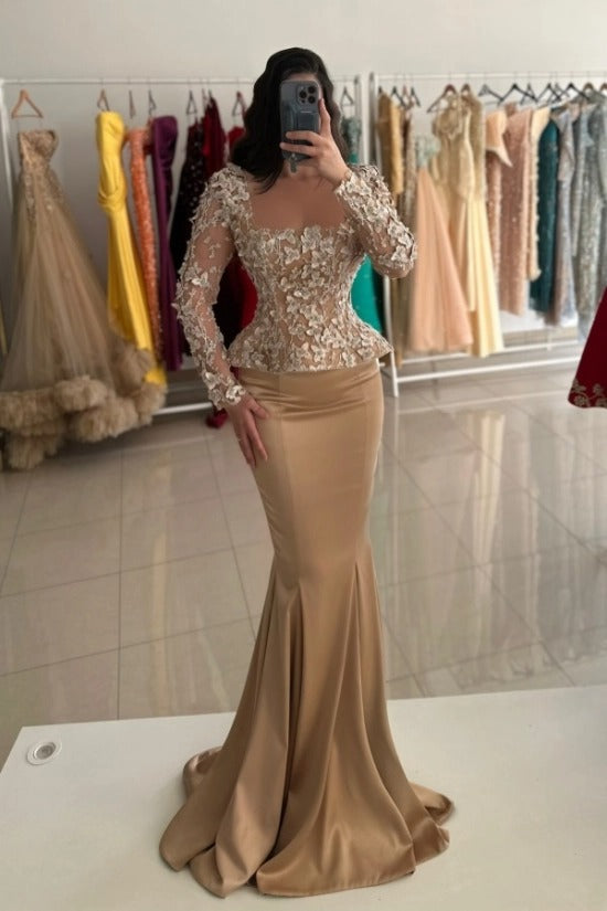 Sweetheart Illusion Long Sleeve Dense 3D Floral Leaf Crystal Peplum Corset Champagne Satin Mermaid Evening Dress Front Slit