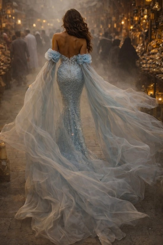 Sweetheart Illusion Visible Boning Corset All-Over Silver Crystal Vine Embroidery Detachable Off-Shoulder Blue Organza Rose Cape Fitted Mermaid Evening Dress