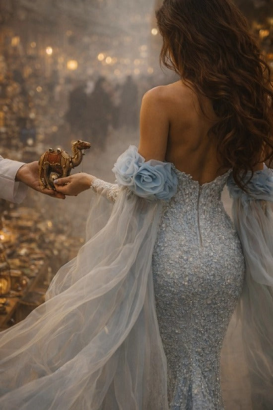 Sweetheart Illusion Visible Boning Corset All-Over Silver Crystal Vine Embroidery Detachable Off-Shoulder Blue Organza Rose Cape Fitted Mermaid Evening Dress