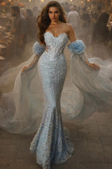 Sweetheart Illusion Visible Boning Corset All-Over Silver Crystal Vine Embroidery Detachable Off-Shoulder Blue Organza Rose Cape Fitted Mermaid Evening Dress
