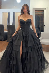 Sweetheart Lace Appliqué Corset Tiered Ruffle Tulle A-Line Prom Dress Side Slit Floor Length