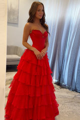 Sweetheart Lace Appliqué Corset Tiered Ruffle Tulle A-Line Prom Dress Side Slit Floor Length