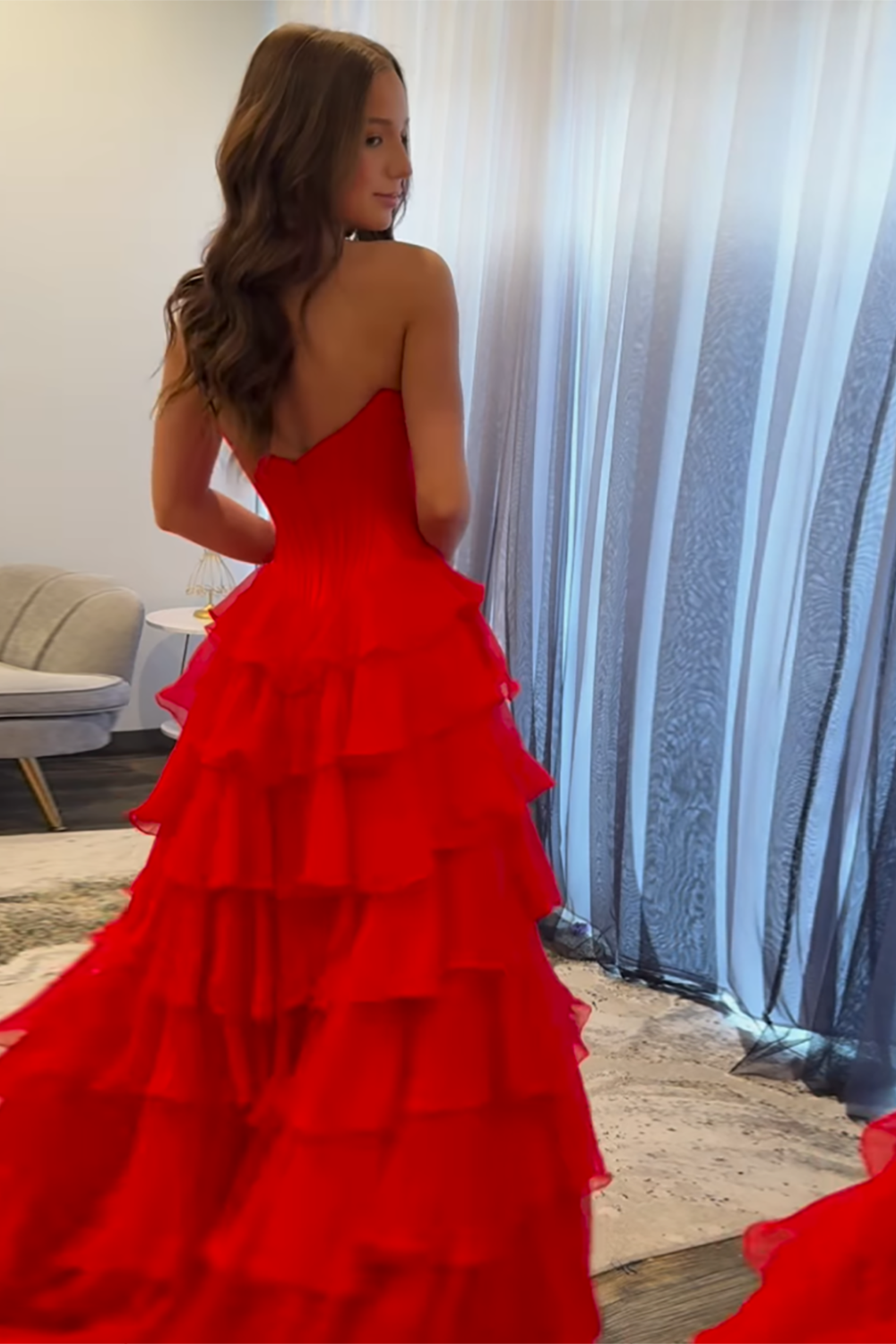 Sweetheart Lace Appliqué Corset Tiered Ruffle Tulle A-Line Prom Dress Side Slit Floor Length