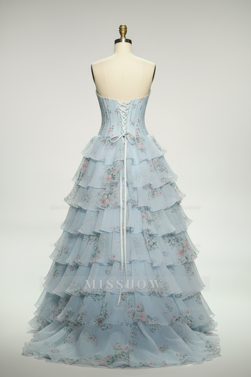 Sweetheart Light Blue Floral Print Tiered Ball Gown with Crystal Beaded Corset