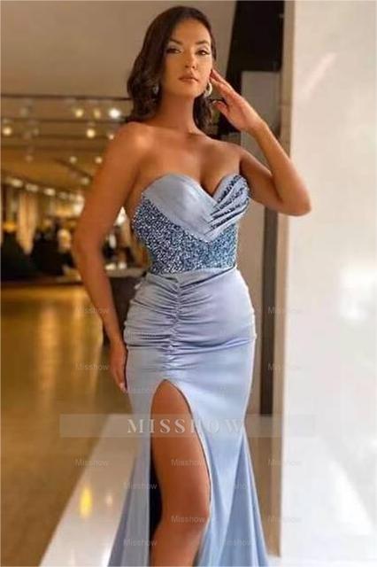 Sweetheart Light Blue Sequins Strapless Pleated Mermaid Formal Dress With Split