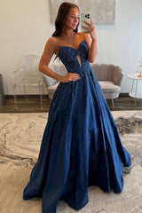 Sweetheart Long Beaded Prom Dress in Dark Navy with Corset and Bow