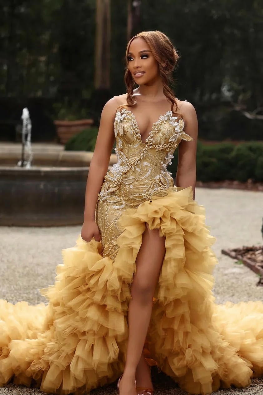 Sweetheart Long Pink Beaded Lace Strapless Pretty Prom Dress with Ruff –  misshow.com