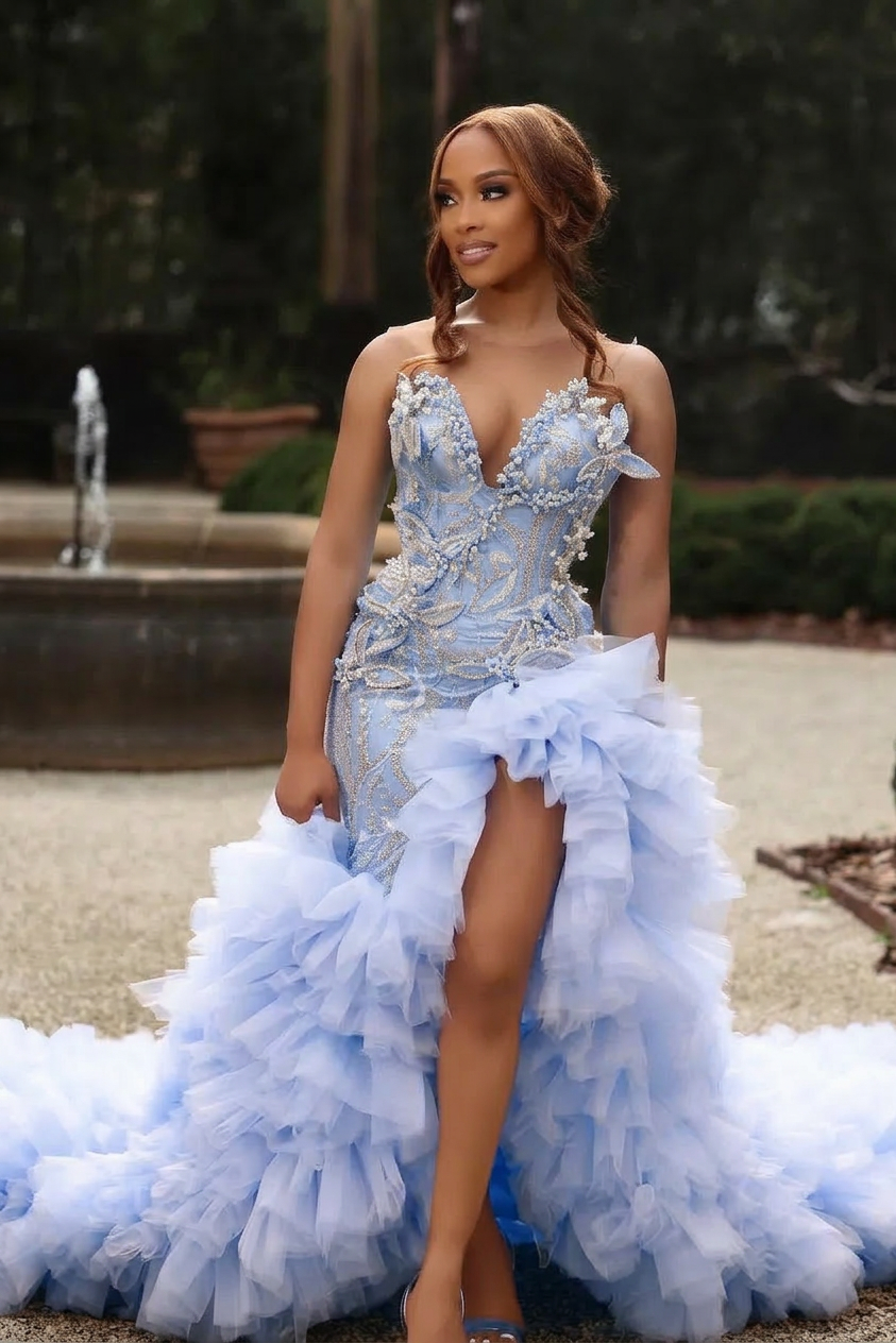 Sweetheart Long Pink Beaded Lace Strapless Pretty Prom Dress with Ruff –  misshow.com