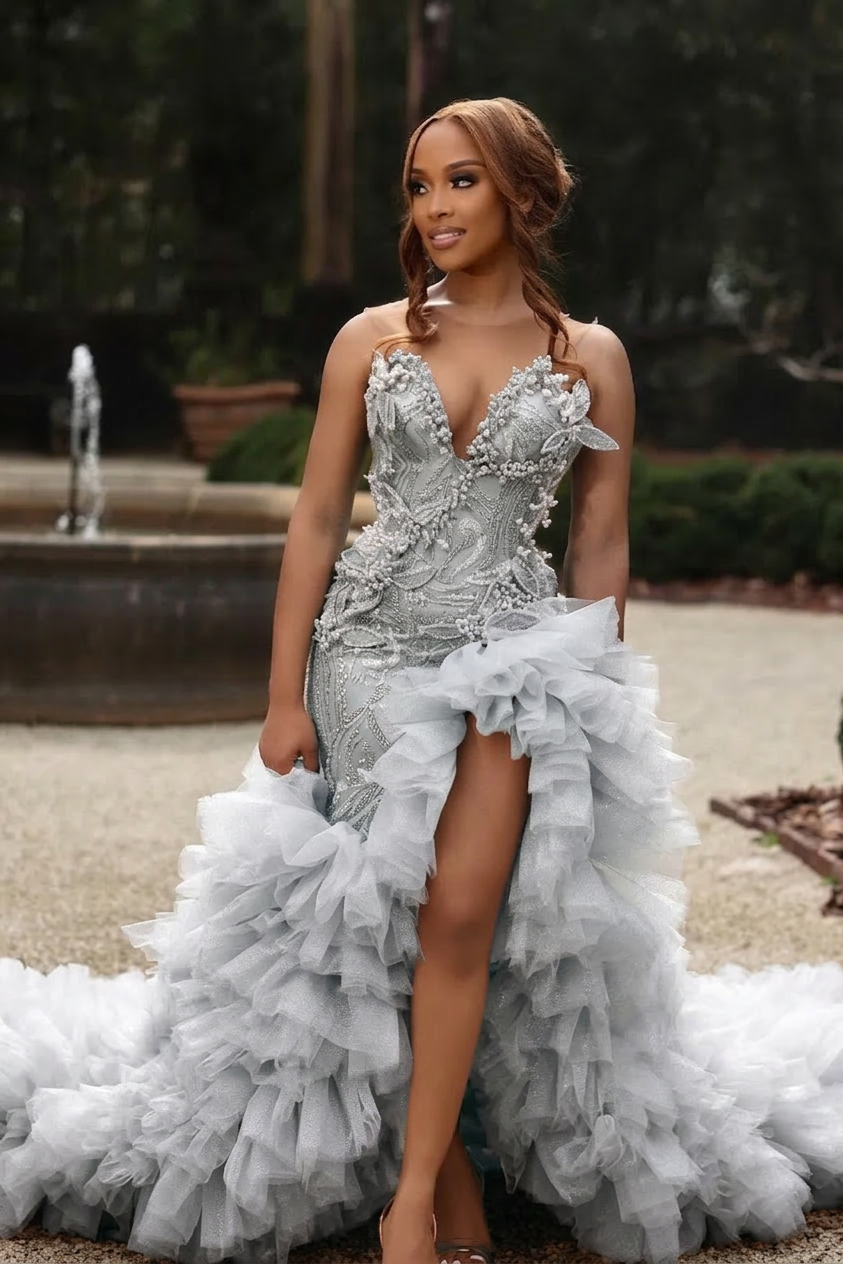 Sweetheart Long Pink Beaded Lace Strapless Pretty Prom Dress with Ruffles