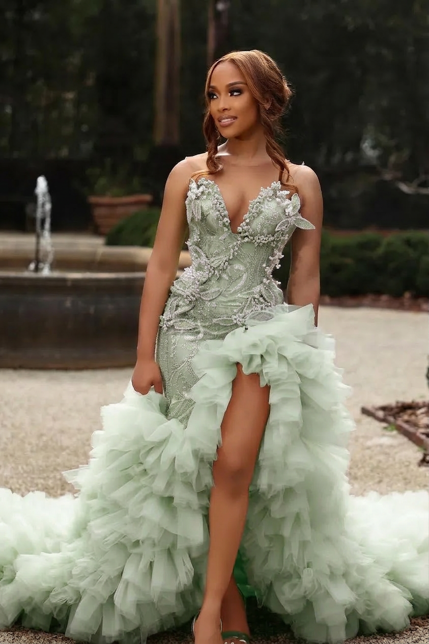 mint green mermaid wedding dress V-neck Strapless Ruffles Beading Sequined Prom GONE2026