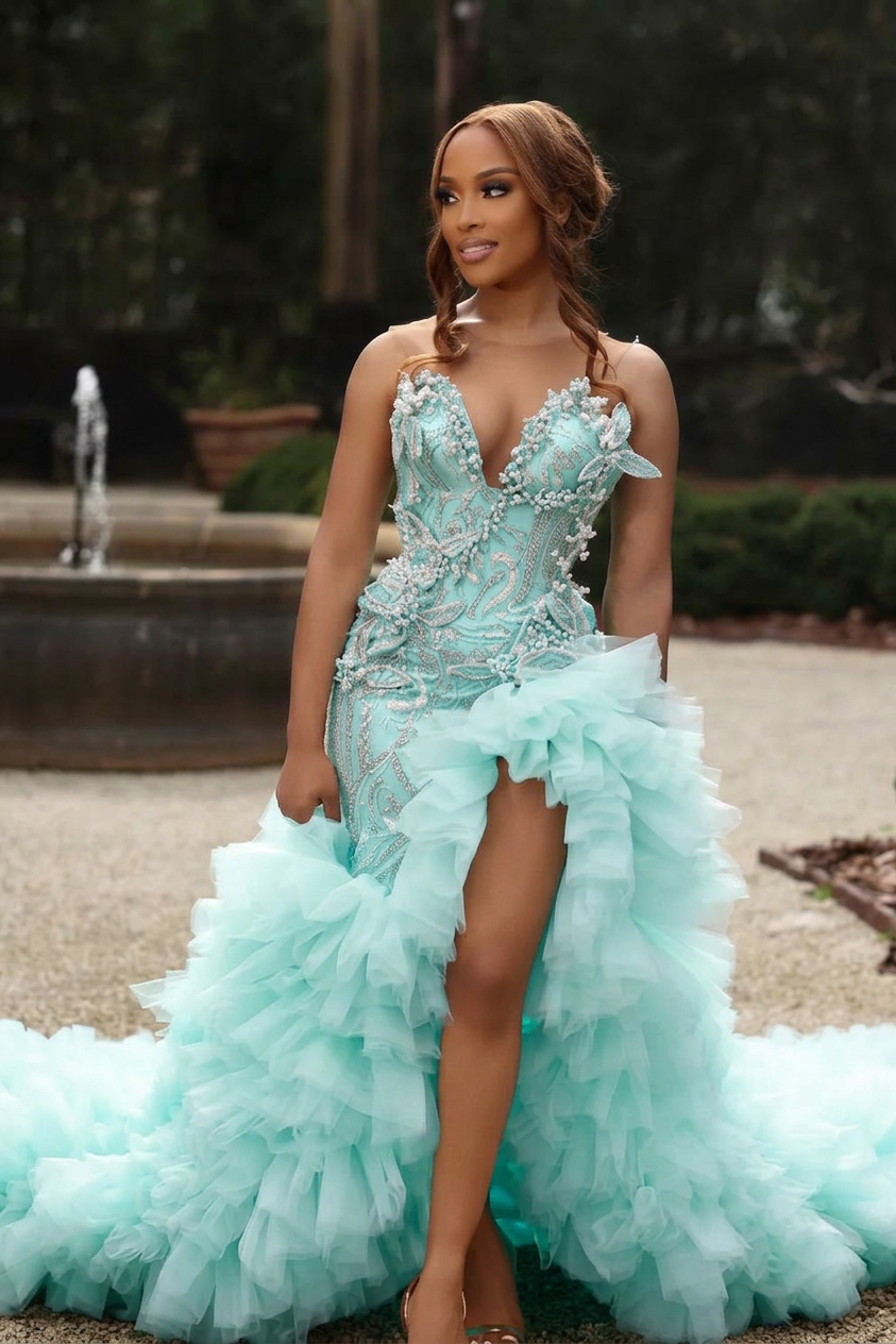 V-neck Strapless Ruffles Beading Sequined Mermaid Prom Dress