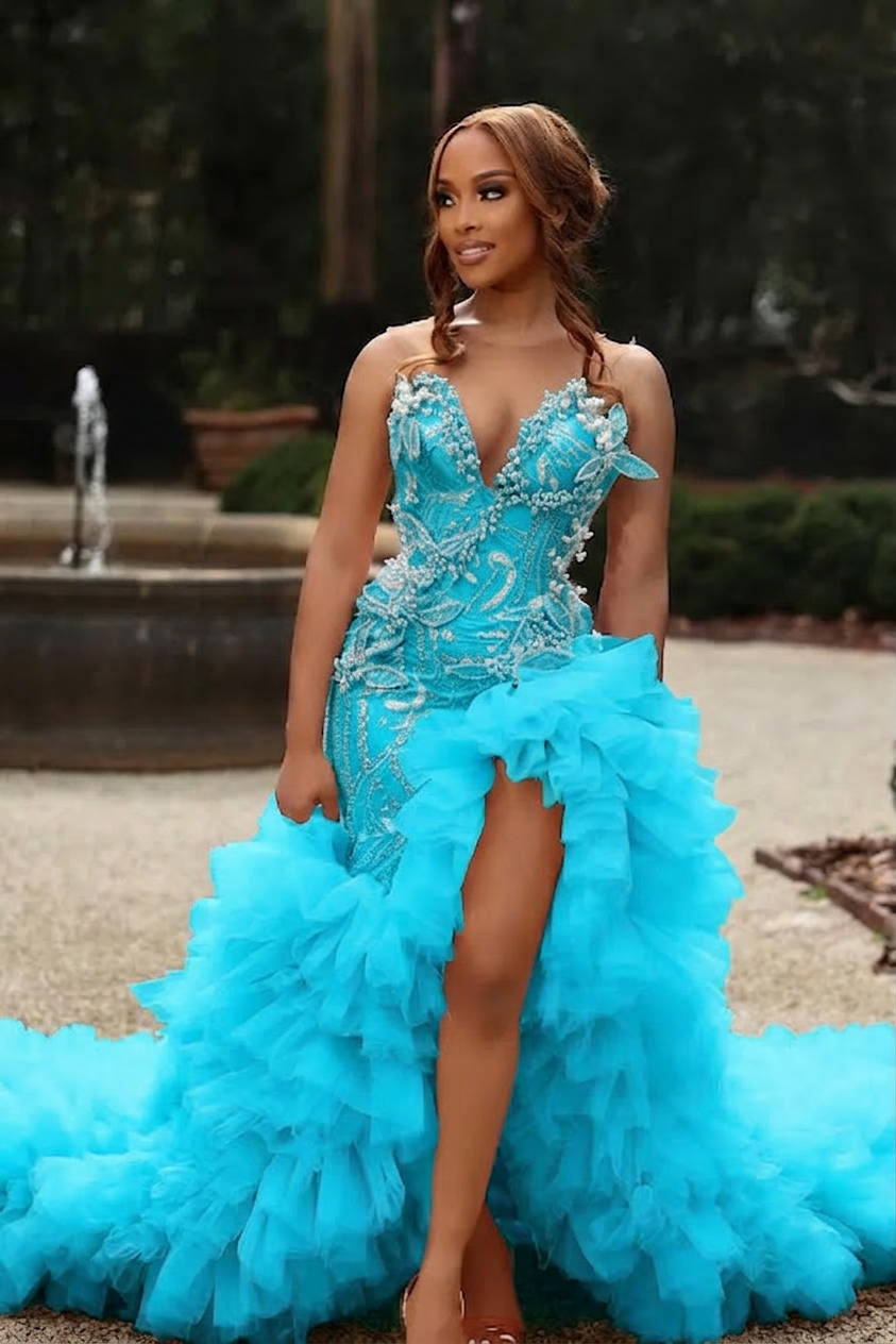 V-neck Strapless Ruffles Beading Sequined Mermaid Prom Dress