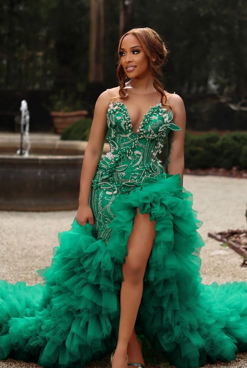 Emerald green sweetheart split-front mermaid prom dress