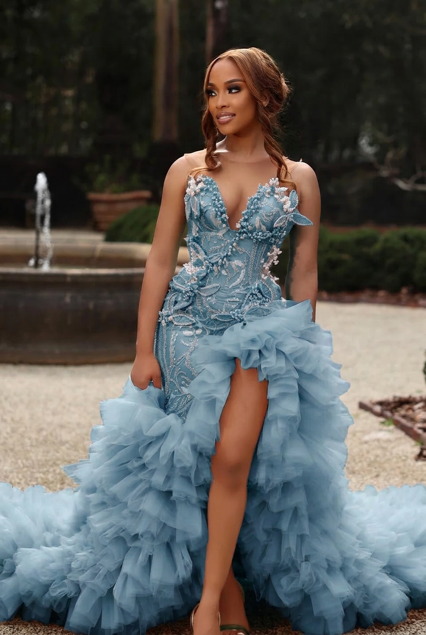 Dusty blue sweetheart split-front mermaid prom dress