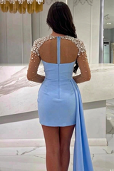 Sweetheart Long Sleeve Satin Pearl Rhinestone Beaded Draped Bodycon Mini Party Dress