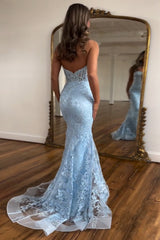 Sweetheart Mermaid Corset Prom Dress in Light Blue with Lace Appliques