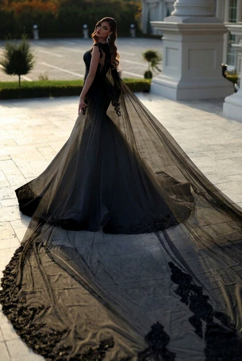 Black sweetheart tulle mermaid wedding dress