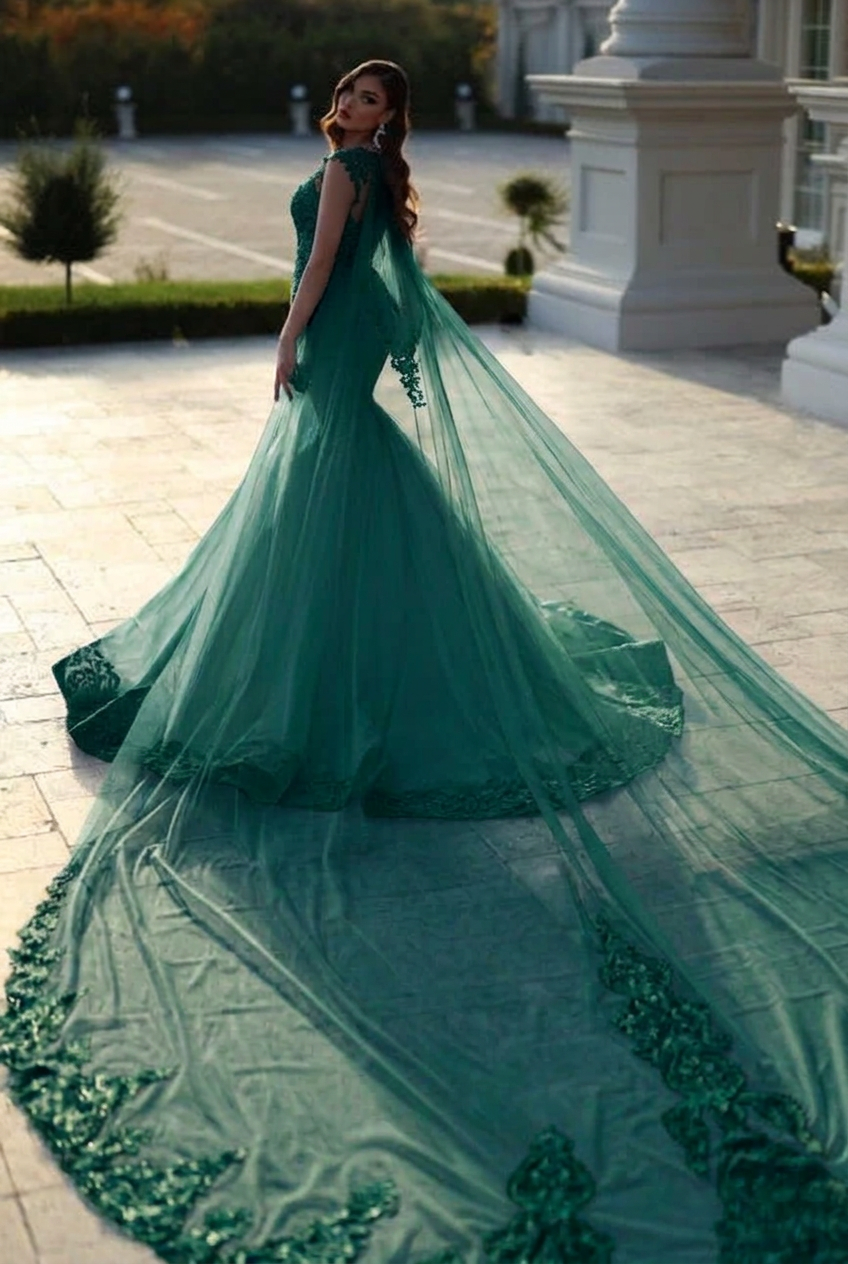 Dark green sweetheart tulle mermaid wedding dress
