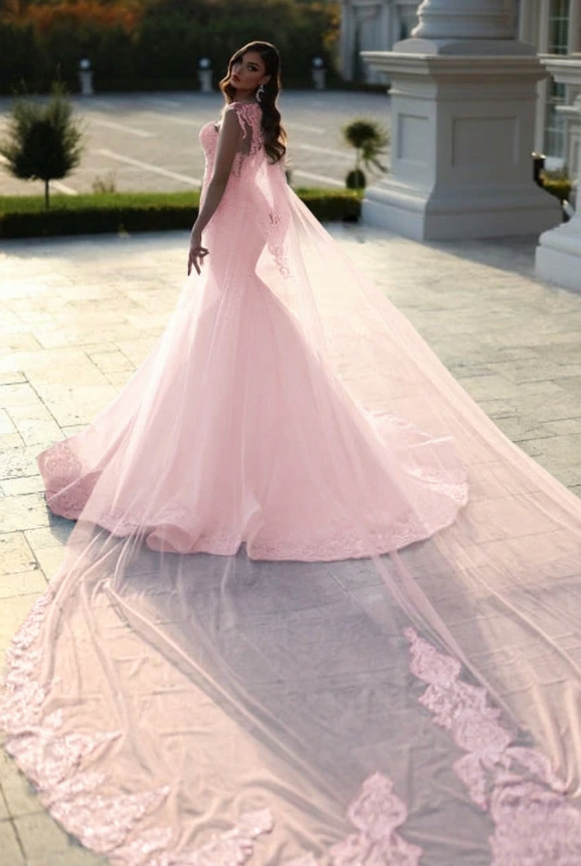 Blushing pink sweetheart tulle mermaid wedding dress