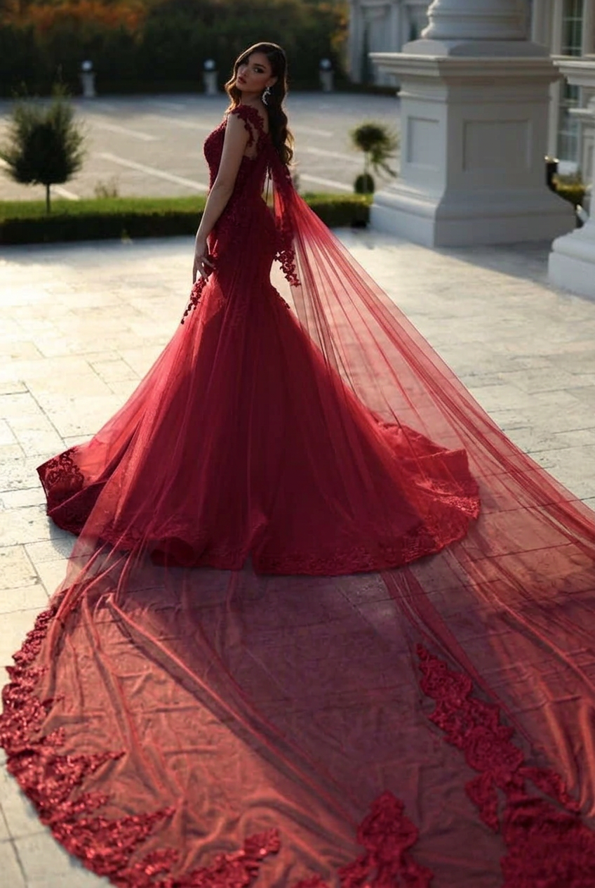 Burgundy sweetheart tulle mermaid wedding dress