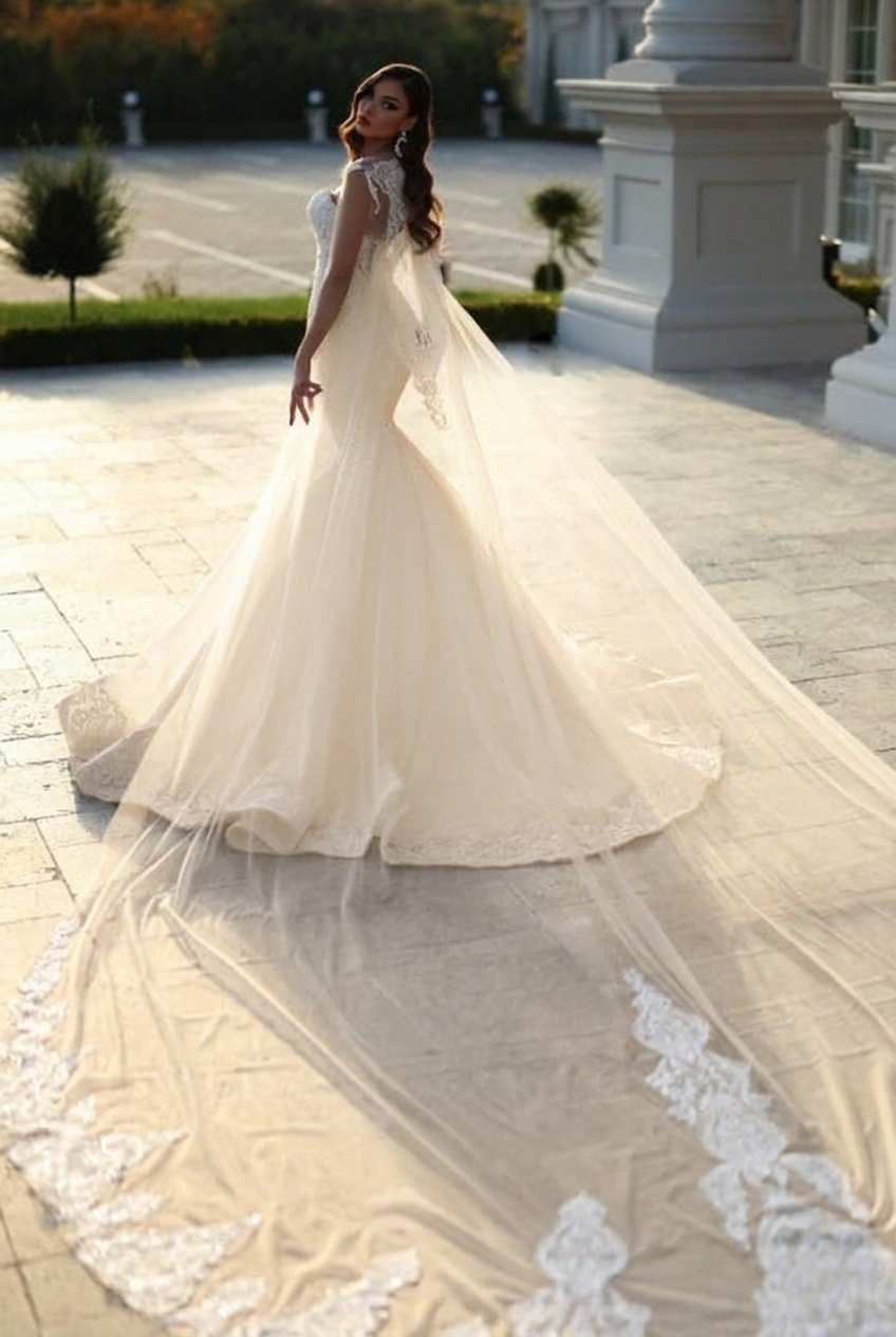 Champagne sweetheart tulle mermaid wedding dress