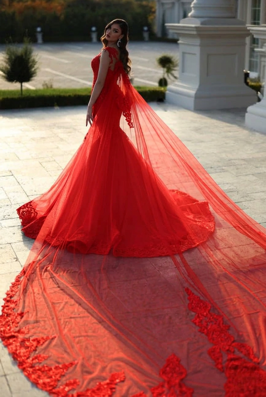 Red sweetheart tulle mermaid wedding dress