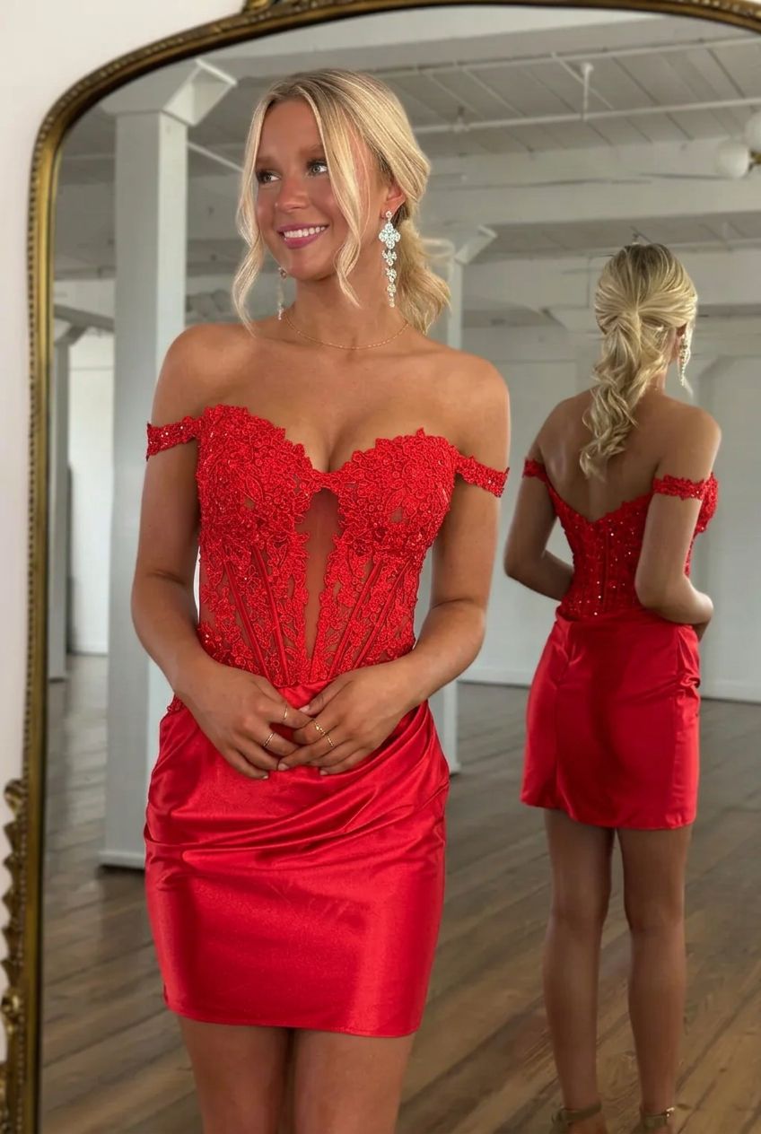 Sweetheart Off-the-Shoulder Lace Applique Sheer Boned Corset Bodycon Homecoming Dress Mini