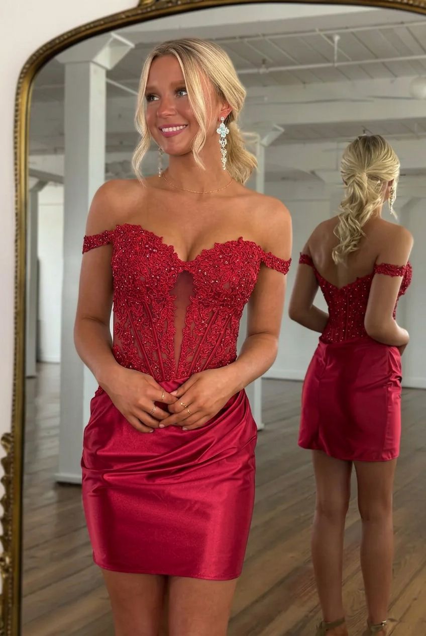 Sweetheart Off-the-Shoulder Lace Applique Sheer Boned Corset Bodycon Homecoming Dress Mini