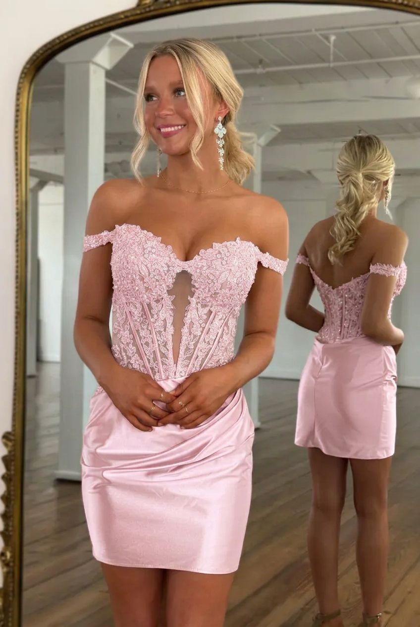 Sweetheart Off-the-Shoulder Lace Applique Sheer Boned Corset Bodycon Homecoming Dress Mini