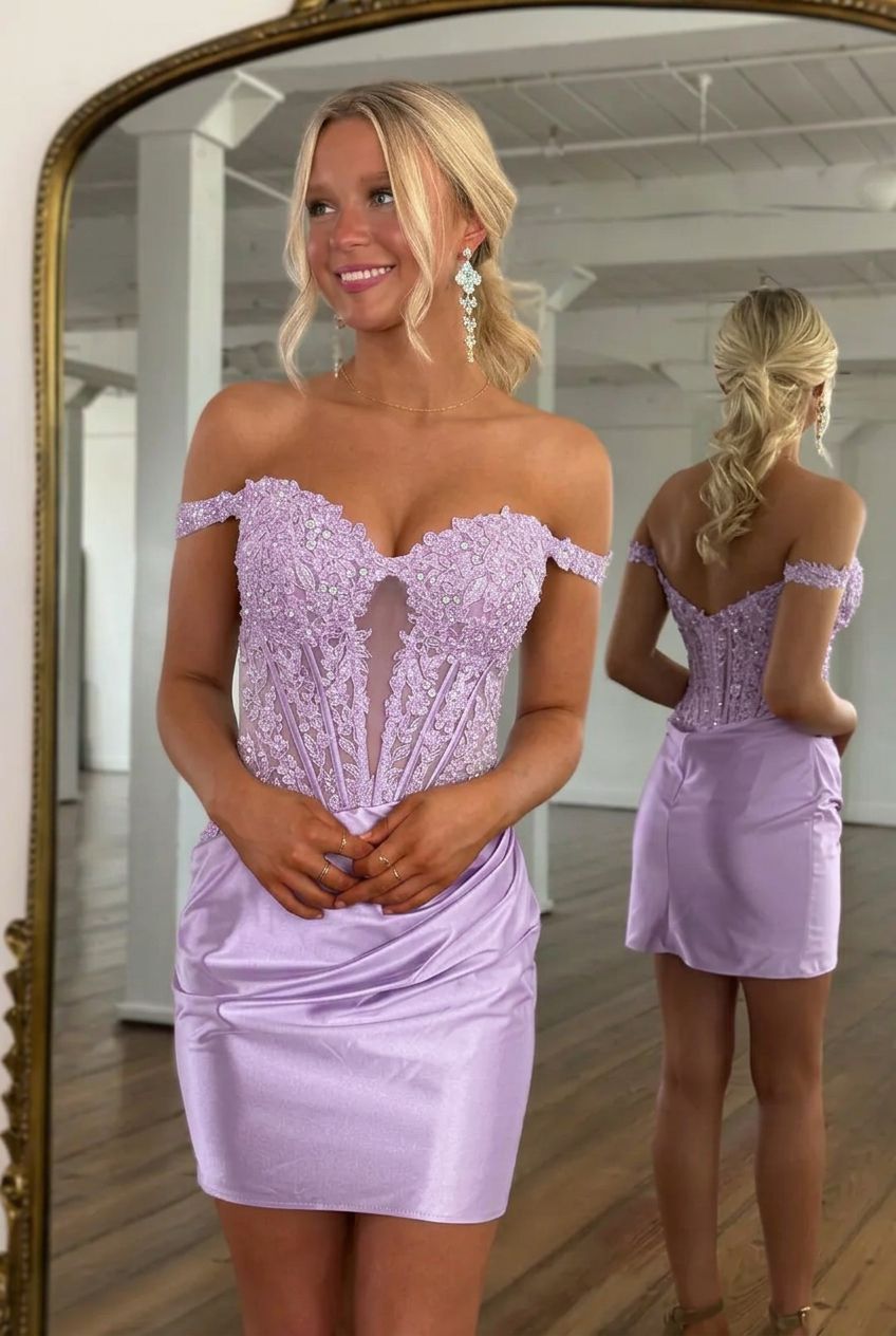 Sweetheart Off-the-Shoulder Lace Applique Sheer Boned Corset Bodycon Homecoming Dress Mini