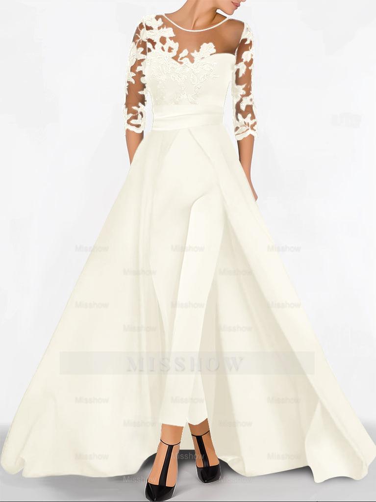 Sweetheart Princess A-Line Floor-Length Jumpsuit with 3/4 Sleeves and Applique for the Mother of the Bride