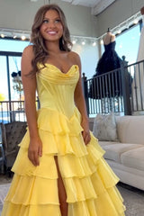 Sweetheart Princess Corset Prom Dress in Light Pink with Tiered Chiffon and Slit